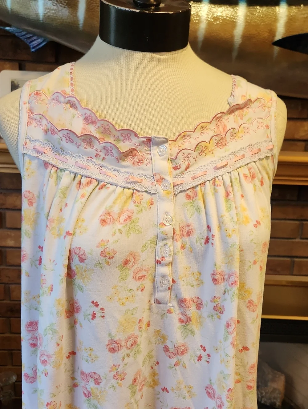 Pink Yellow Floral Nightgown Lace Ribbon Trim Vintage Soft Cottagecore Granny - Picture 2 of 13